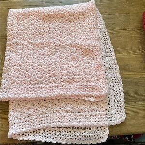 New Hand Knit/Crocheted Baby Blanket - baby pink 50” x 37”